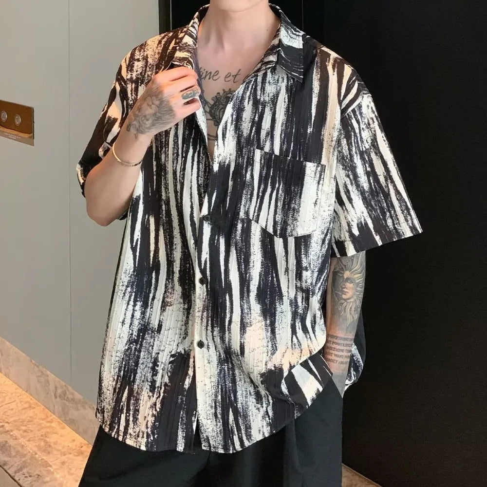 Ink Tie Dye Hanging Flower Shirt Short Sleeved Men's Summer High-end Sense, Cool And Trendy Brand Five And A Half Sleeve Shirt