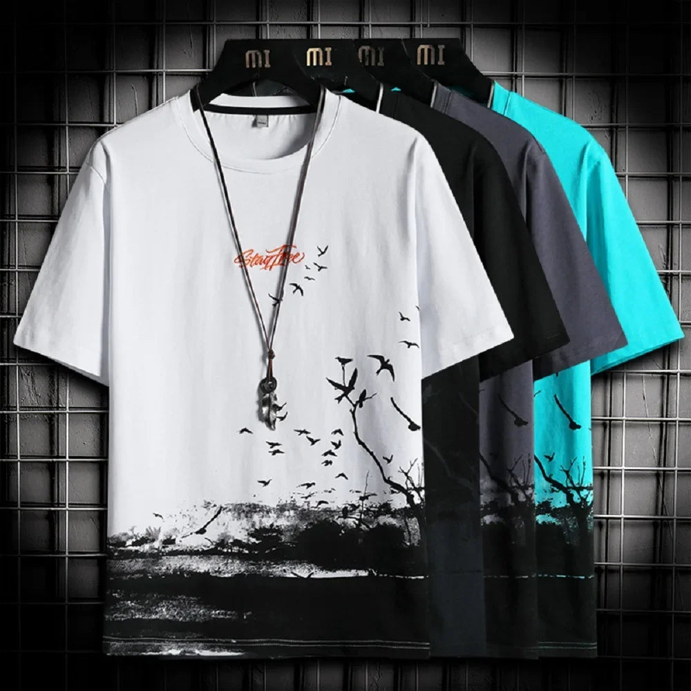 Trendy 2023 Men's Half Sleeve T-Shirt Base Layer Top Summer Printed Ice Silk Short Sleeves Flower Patterned Men's Wear