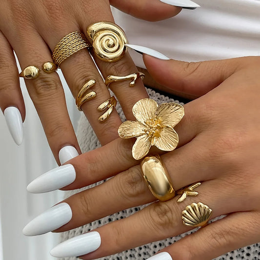 DIEZI One Set Vacation Beach Style Flower Starfish Knuckle Rings For Women Bohemian Vintage Gold Silver Color Open Joint Ring