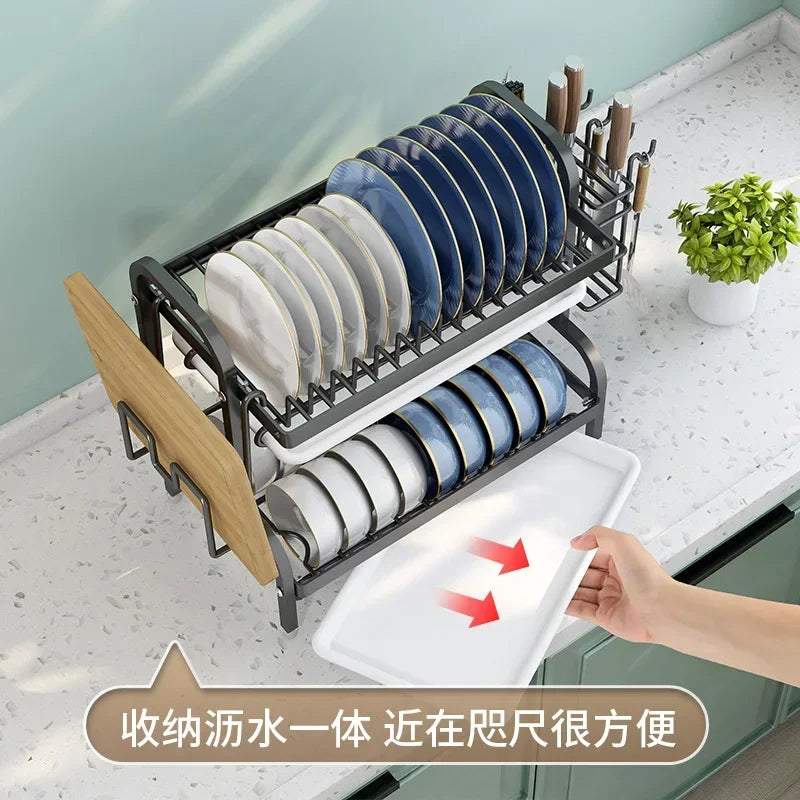 2025 NEW Dish Drying Rack 2-Tier Compact Kitchen Dish Rack Drainboard Set Large Rust-Proof Dish Drainer with Utensil Holder