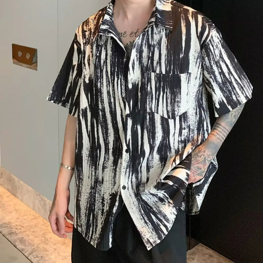 Ink Tie Dye Hanging Flower Shirt Short Sleeved Men's Summer High-end Sense, Cool And Trendy Brand Five And A Half Sleeve Shirt