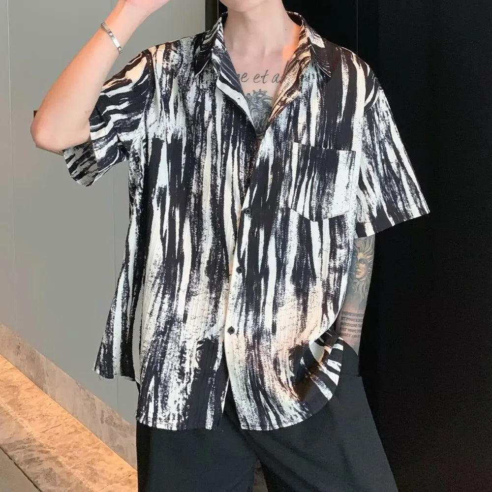 Ink Tie Dye Hanging Flower Shirt Short Sleeved Men's Summer High-end Sense, Cool And Trendy Brand Five And A Half Sleeve Shirt