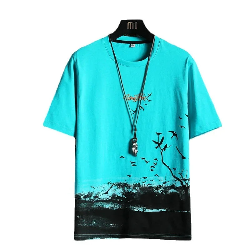 Trendy 2023 Men's Half Sleeve T-Shirt Base Layer Top Summer Printed Ice Silk Short Sleeves Flower Patterned Men's Wear